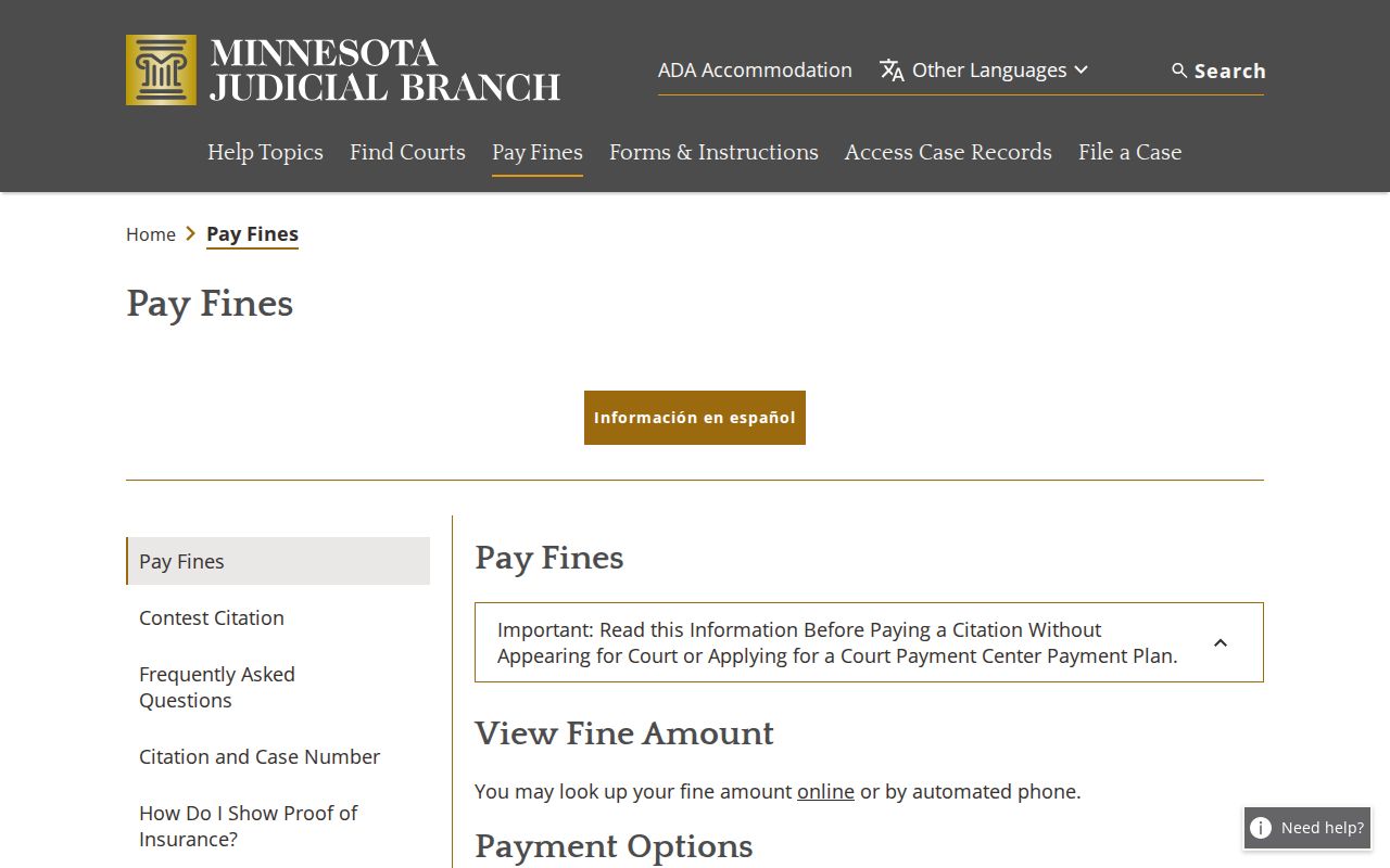Minnesota Court Payment Center page showing payment channels for Kittson County traffic citations