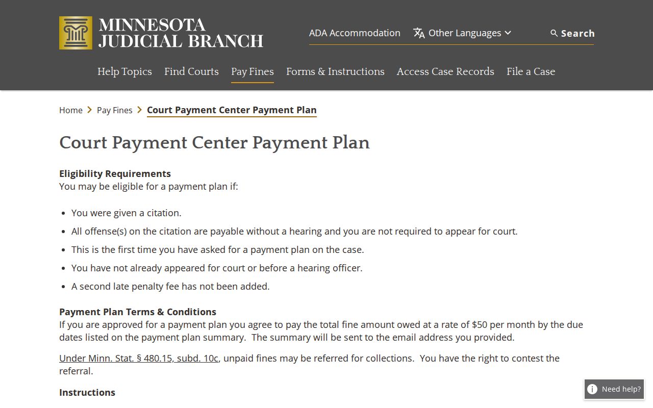 Minnesota payment plan request form fields for Kittson County traffic fine obligations