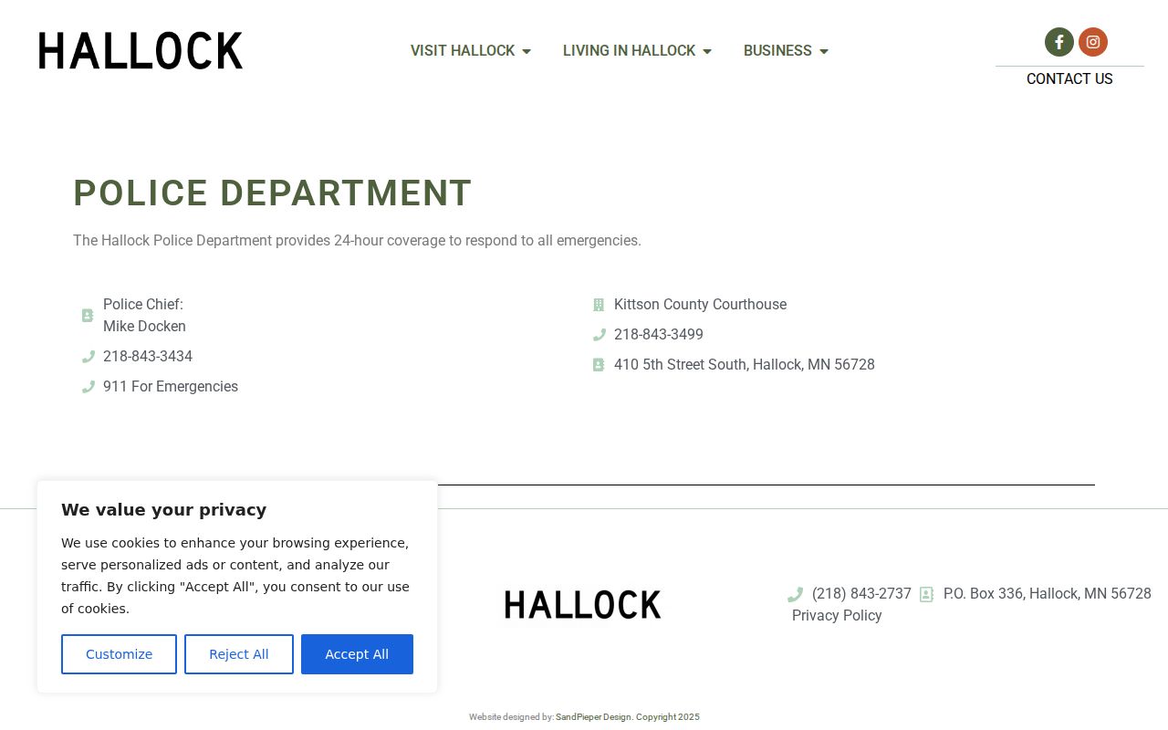 Hallock Police Department contact page used for local warrant routing in Kittson County