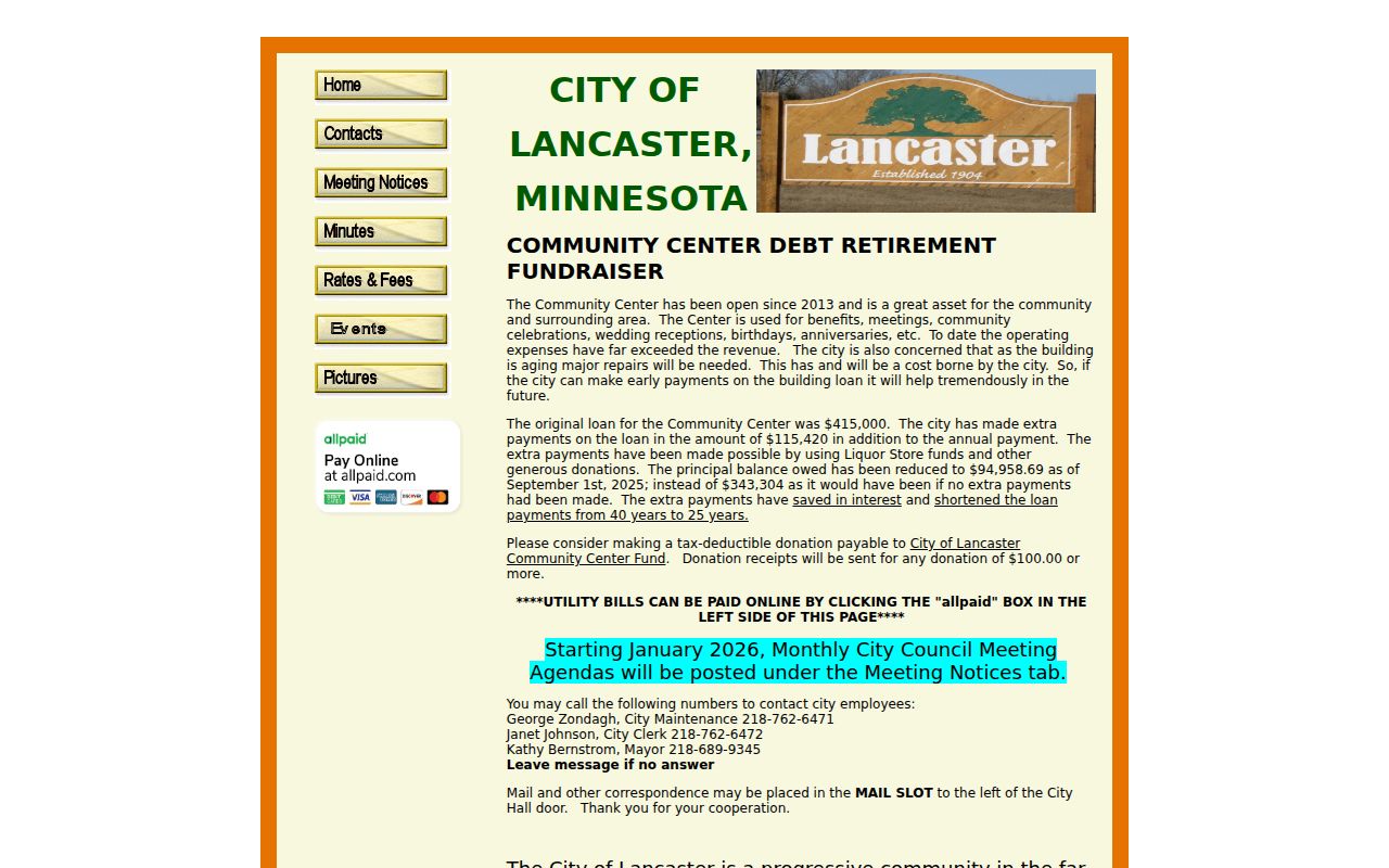 Lancaster city website listing the city clerk contact and the City Hall mail-slot note for residents