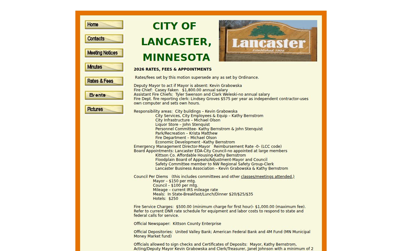 Lancaster city rates and fees page that does not list Kittson County warrant or bond amounts