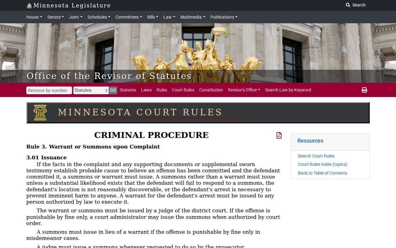 Minnesota Rule 3 page describing warrant issuance and probable cause for Kittson County arrest warrants