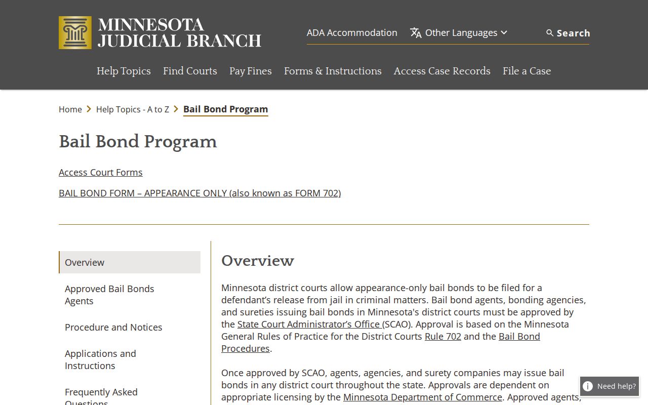Minnesota bail bond program page listing approved agents for Kittson County bench warrant appearances