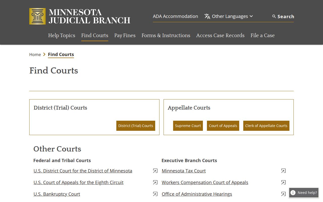 Minnesota court finder page showing the District Court level that issues Kittson County bench warrants