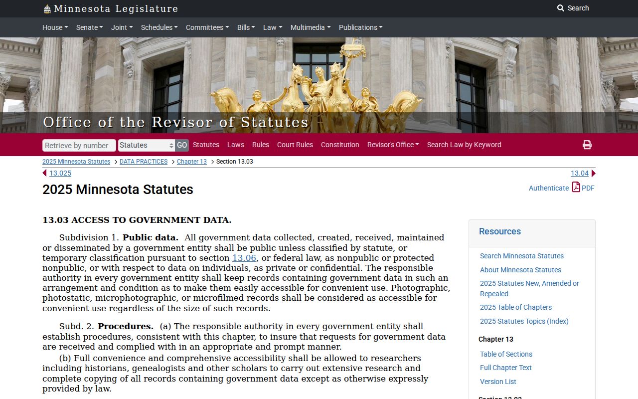 Minnesota statute page on public inspection and copying rules for Kittson County warrant record requests