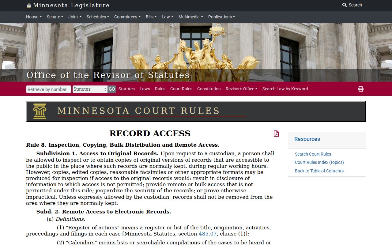 Minnesota public access rule page describing remote access limits for Kittson County warrant records