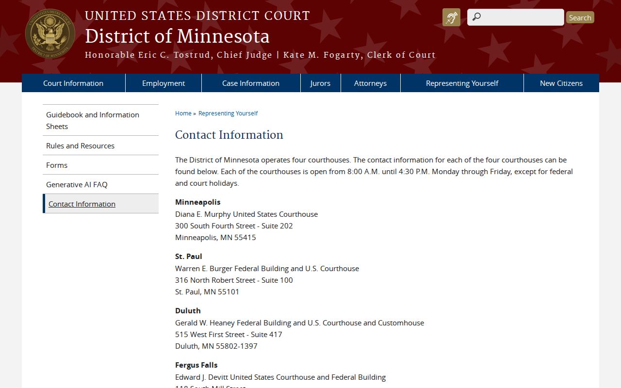 Federal court contact page listing courthouses that handle federal warrants for Kittson County