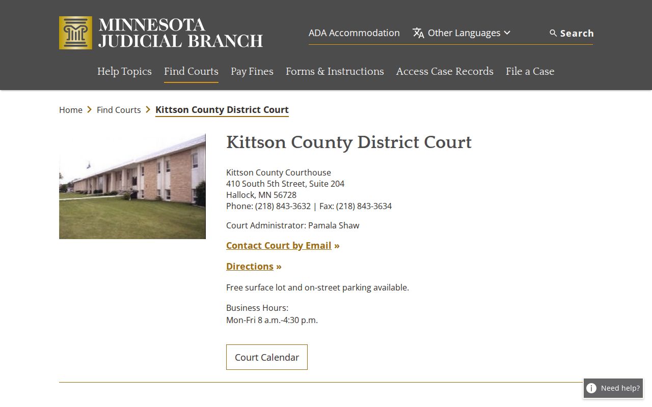 Kittson County courthouse page showing the Hallock address, business hours, and parking notes