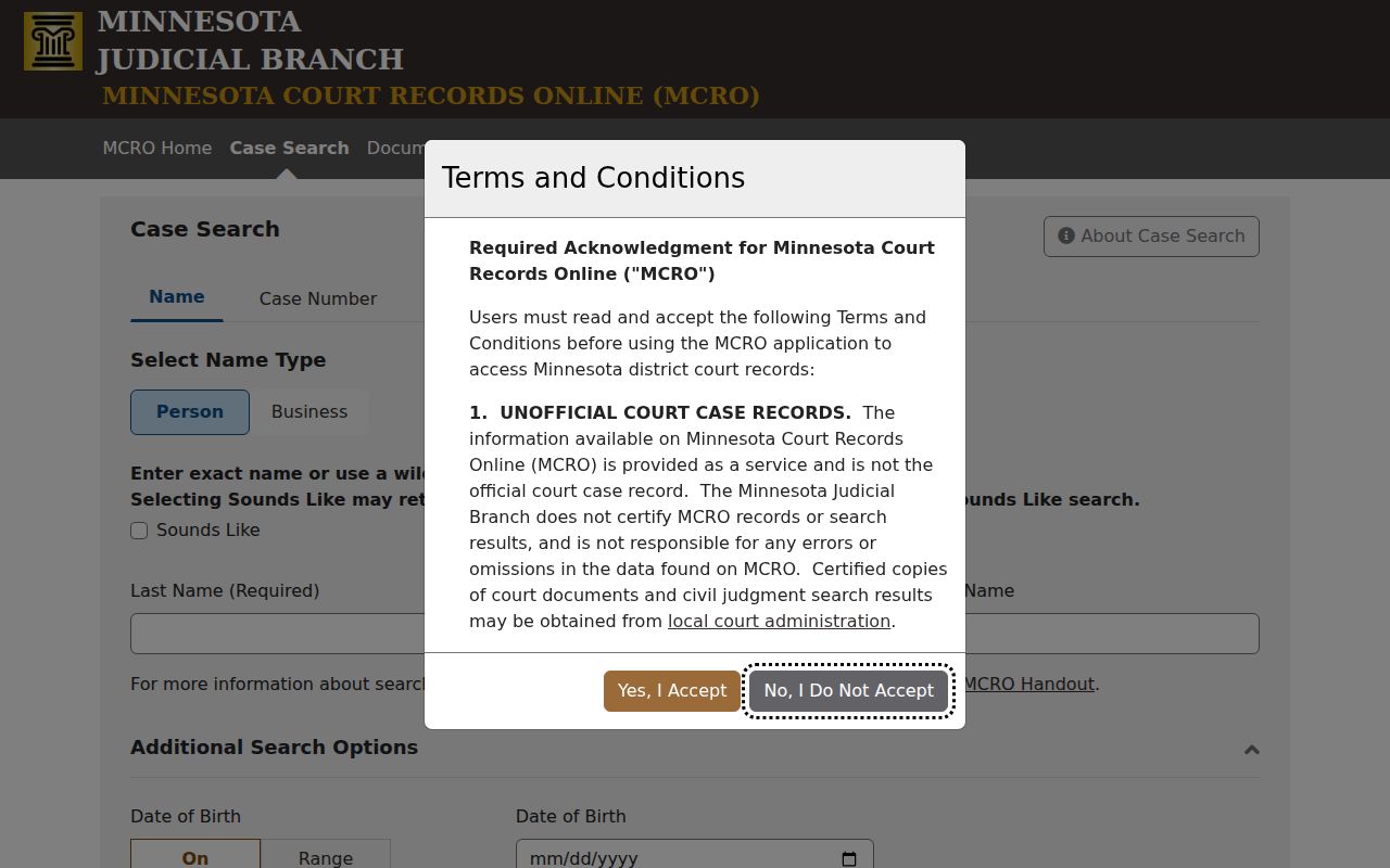 Minnesota Court Records Online case search interface used for Kittson County warrant records
