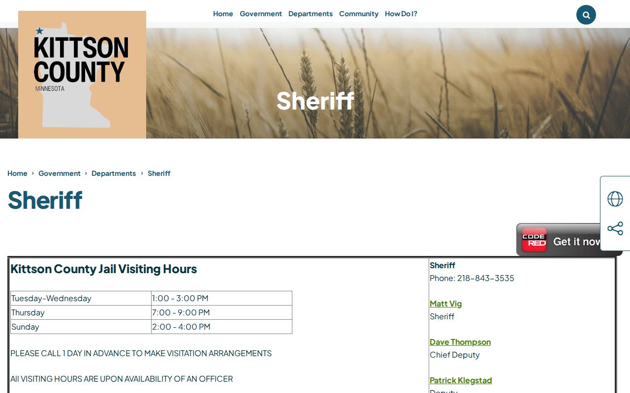 Kittson County Sheriff and Jail contact page with visiting hours and no public warrant list